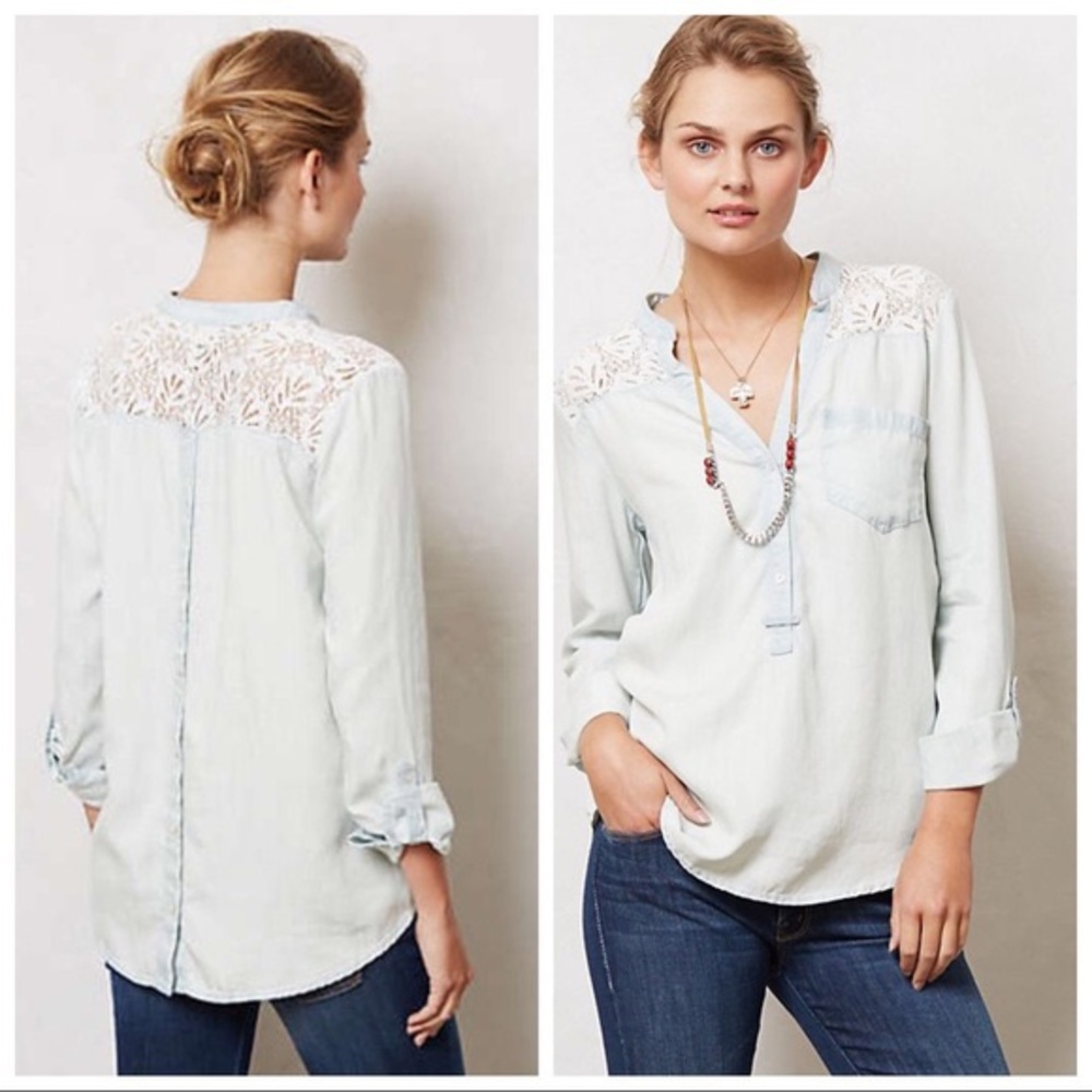 Anthro Esme & Esyllte Lace Chambray Popover Blouse